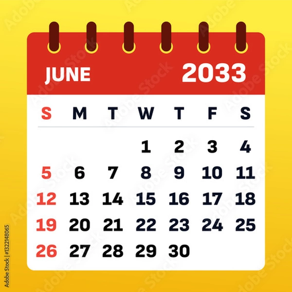 Fototapeta Calendar june 2033. June vector illustration. Summer arrives with warm days, vacations, and relaxation. Enjoy travel, beach adventures, and a refreshing break under the golden sun!