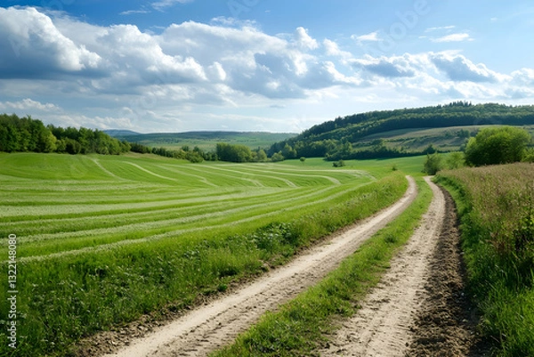 Fototapeta Scenic countryside farmland with rolling fields and a rustic dirt road