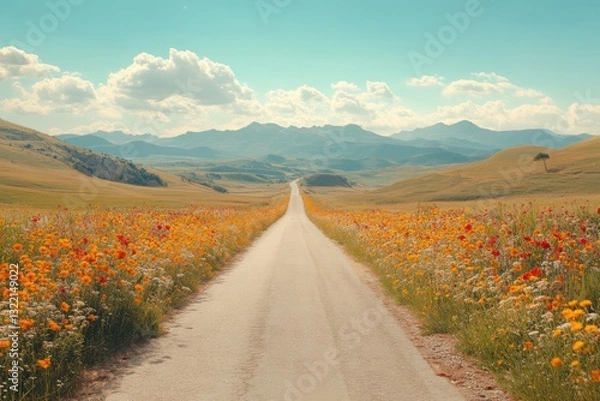 Obraz Long rural road bordered by wildflowers under a clear sunny sky, ideal for a nostalgic road trip background