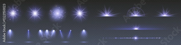 Fototapeta A collection of sun stars with radiant light rays and sparkling glow effects. Vector illustration featuring bright gold particles, glittering flares, and shining sunbursts.