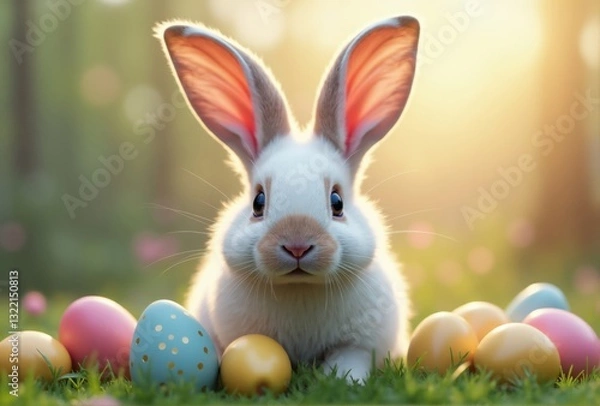 Fototapeta White Rabbit with Easter Eggs