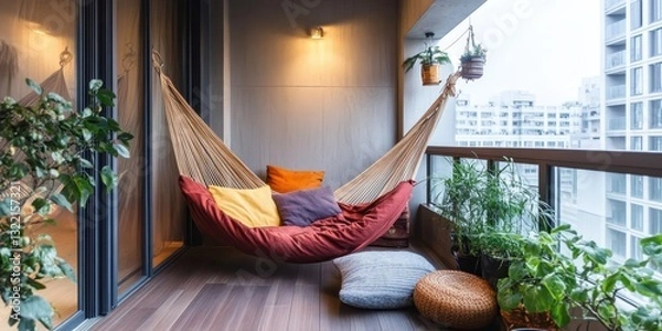 Fototapeta A cozy balcony space with a hammock and some plants