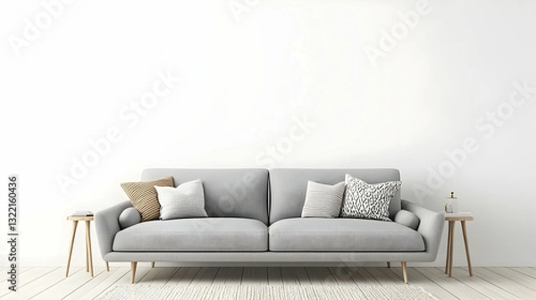 Fototapeta Modern Minimalist Living Room Interior With Gray Sofa Animal Print Cushions And Gold Accent Tables Against White Wall In Neutral Color Palette With