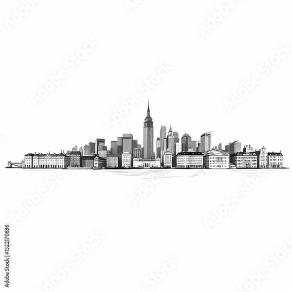 Fototapeta City Skyline Monochrome: A detailed monochrome illustration showcases the iconic cityscape, featuring a collection of towering skyscrapers and diverse architectural styles.