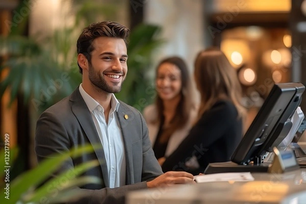Fototapeta Professional male receptionist at the front desk of an elegant hotel, smiling and engaging with guests.