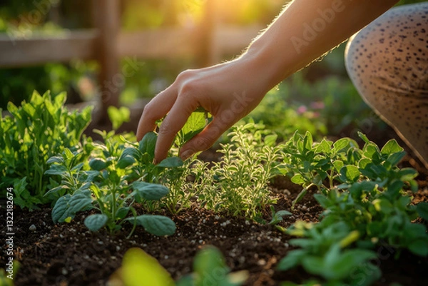 Fototapeta A hand gently tending to a vibrant herb garden, bathed in the golden light of the setting sun.