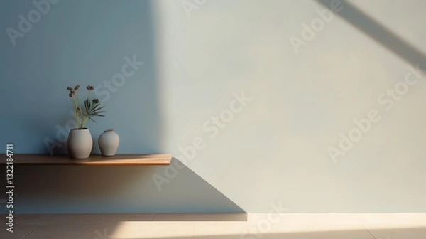 Obraz Vases with Plants on Shelf Against Blue Wall with Sunlight Pattern