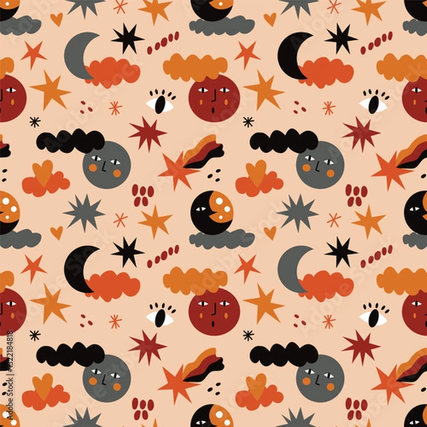 Fototapeta Vector seamless pattern with space, moons and clouds. Modern design for fabric and paper, surface textures