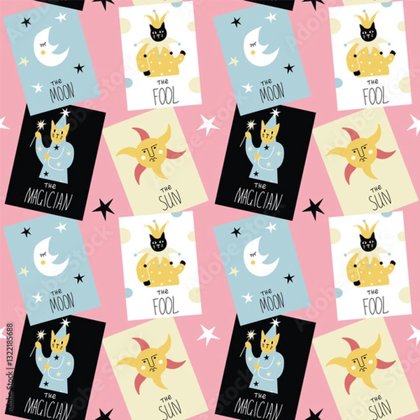 Fototapeta Vector seamless pattern with cute tarot cards on pink background. Modern design for fabric and paper, surface textures.	
