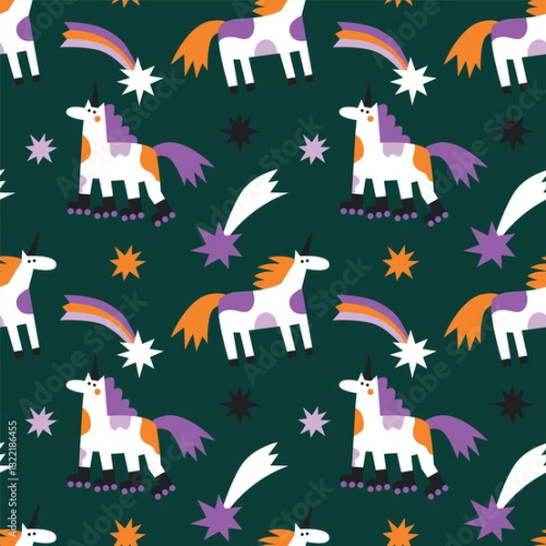 Fototapeta Vector seamless pattern with little unicorns on dark background. Modern design for fabric and paper, surface textures.	
