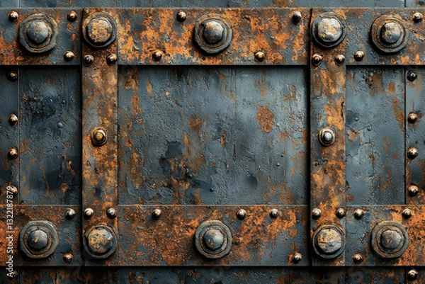 Fototapeta Rusty metal texture with rivets and bolts, showing age and wear.
