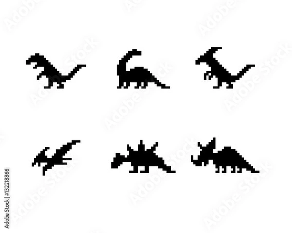 Fototapeta Set of dinosaur icons in silhouette pixel style