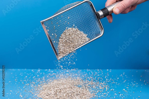 Obraz Clumping Cat Litter Scoop on Blue Background. Feline Care Routine: cleaning a cat kitty litter box and adding new absorber granules.