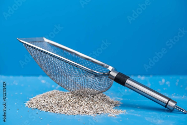 Obraz Clumping Cat Litter Scoop on Blue Background. Feline Care Routine: cleaning a cat kitty litter box and adding new absorber granules.