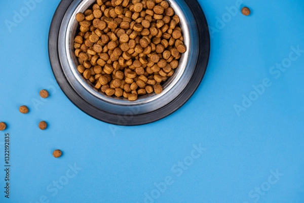 Obraz Dry dietary food for cats and dogs in a bowl isolated on solid color background. Healthy pet nutrition and feeding routines.