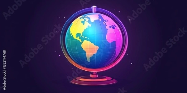 Fototapeta Colorful globe on a stand illuminated with vibrant hues against a dark background showcasing the world's continents and oceans