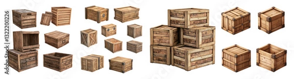 Fototapeta Various Wooden Crates and Boxes for Storage and Decoration Use, PNG bundle collection, Isolated on Transparent Background