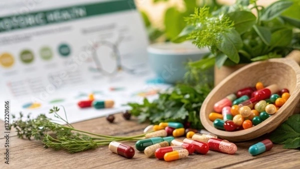 Obraz Colorful probiotic capsules spilling from a container in a close-up shot.