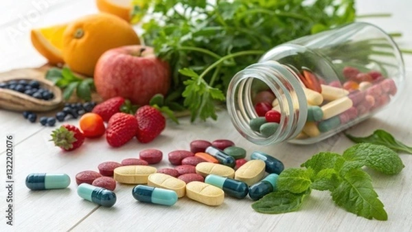 Fototapeta Vibrant close-up of probiotic supplement capsules on a clean background.
