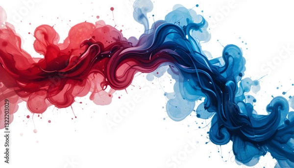 Obraz A vibrant watercolor splash blending red and blue on a white background, enhanced by AI to symbolize creativity and futuristic artistic expression.
