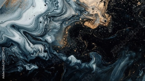 Fototapeta Intricate designs in black, blue, and gold merge together, forming a captivating abstract composition. The fluid patterns evoke a sense of movement and depth, inviting contemplation