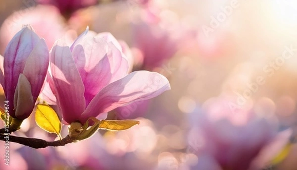 Fototapeta Closeup of Blooming Magnolia Tree in Spring against Pastel Bokeh Background Vibrant Petals Radiate against a Soft Blurred Backdrop, Evoking a Sense of Peace and Tranquility