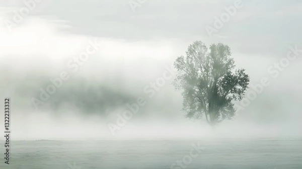Fototapeta misty fog over a serene lake creates an ethereal and mysterious atmosphere. generative ai