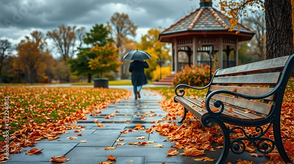 Fototapeta A Rain-Kissed Pathway Through a Canopy of Golden Leaves in a Serene Park.