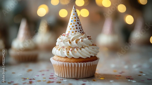 Fototapeta A happy dog wears a colorful party hat, surrounded by delicious cupcakes adorned with creamy frosting, creating a delightful celebration atmosphere