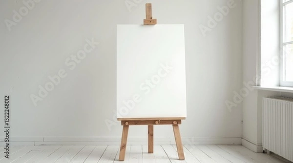 Fototapeta Blank Canvas on Wooden Easel in Bright, Minimalistic Art Studio Ready for Creation