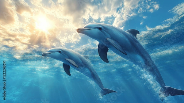Fototapeta Two dolphins gracefully swim in the clear blue sea, enjoying the warmth of the summer sun. The colorful sky and sparkling water enhance their playful movements and joyful energy
