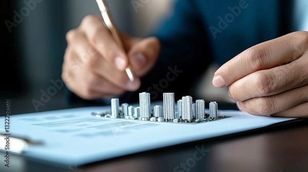Fototapeta Close up of hands arranging miniature cityscape models on a document, a pencil in one hand, suggesting urban planning or real estate analysis