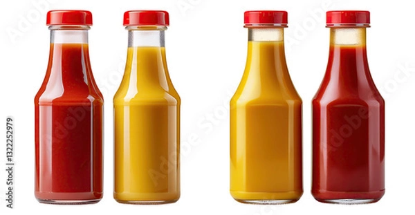 Fototapeta Bottles of Tomato Ketchup and Mustard Condiments on White Background, PNG bundle collection, Isolated on Transparent Background