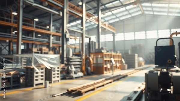 Obraz Bright and Spacious Industrial Warehouse Interior with Machinery and Storage Racks