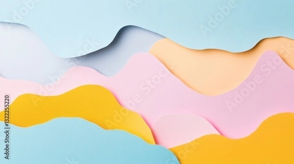 Fototapeta Colorful layered paper waves create an artistic landscape in pastel shades at studio setting