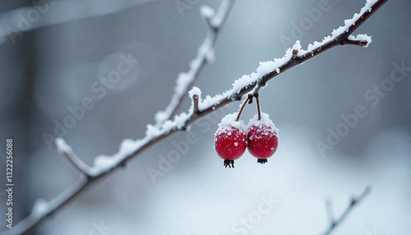 Fototapeta A Delicate Macro View of Icy Berries on Frozen Branches.