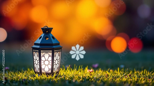 Fototapeta A Decorative Lantern Casting Intricate Floral Patterns Amidst a Soft, Golden-Hued Outdoor Setting.