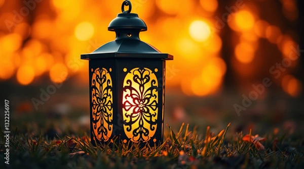 Fototapeta A Decorative Lantern Casting Intricate Floral Patterns Amidst a Soft, Golden-Hued Outdoor Setting.