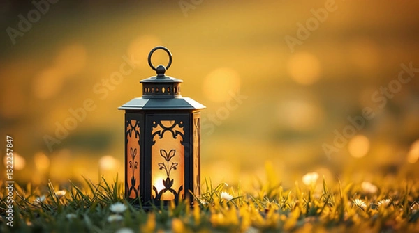 Fototapeta A Decorative Lantern Casting Intricate Floral Patterns Amidst a Soft, Golden-Hued Outdoor Setting.