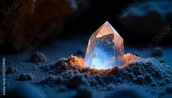 Fototapeta A Clear Crystal Resting in a Bed of Vibrant Colored Sand.