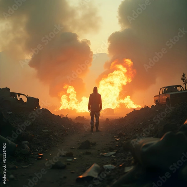 Fototapeta Silhouette amidst fiery chaos and scattered debris