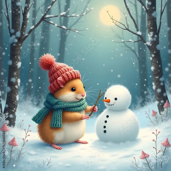 Fototapeta Hamster playing with snowman under moonlit winter sky