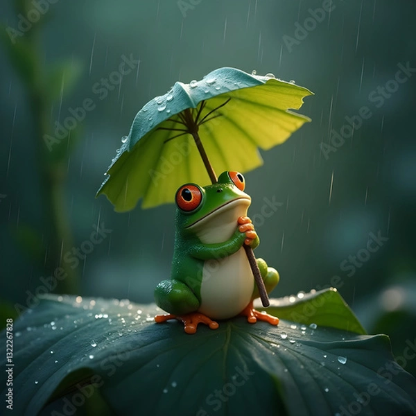 Fototapeta Frog with leaf umbrella in the gentle rain