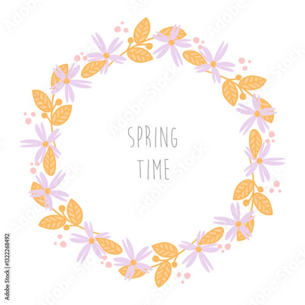 Fototapeta Round frame on white background, cute cartoon clipart, branch with leaves and flowers, round wreath. Vector floral design for invitation card, ceramics, etc. Universal template for creativity.