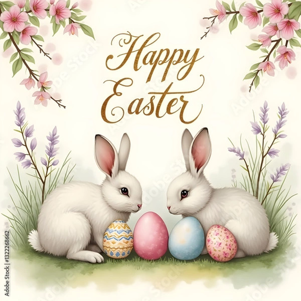 Fototapeta Adorable rabbits and colorful eggs in spring scenery