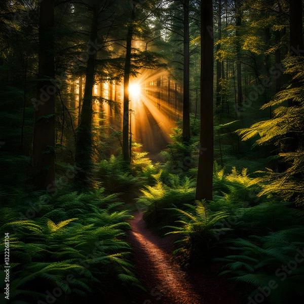 Fototapeta Sunlight filtering through trees in dense, verdant forest