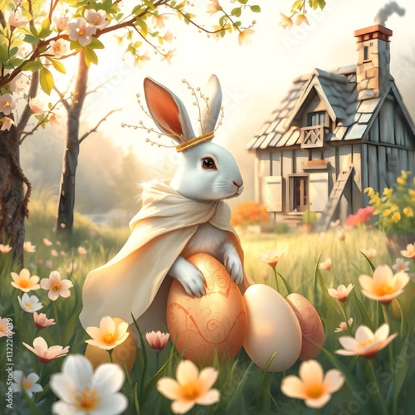 Fototapeta Enchanting rabbit king with eggs and flowers