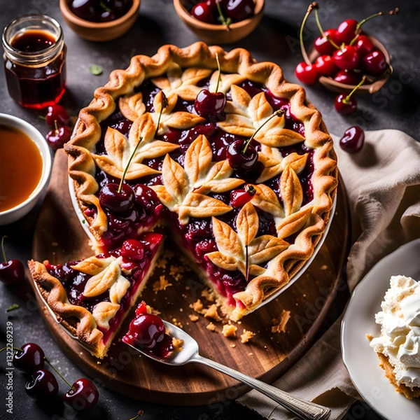 Fototapeta Cherry pie with ornate crust and vibrant cherries