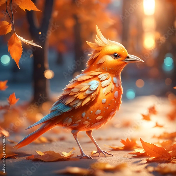 Fototapeta Vibrant bird in autumn forest capturing sunlight