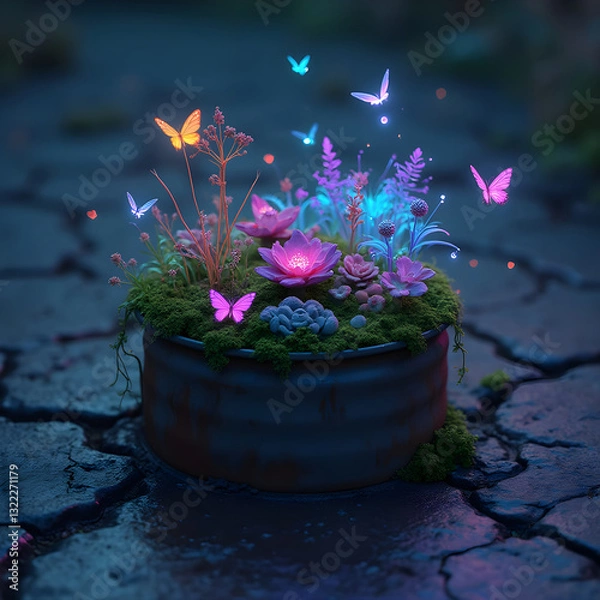 Fototapeta Enchanted garden with glowing flowers and butterflies